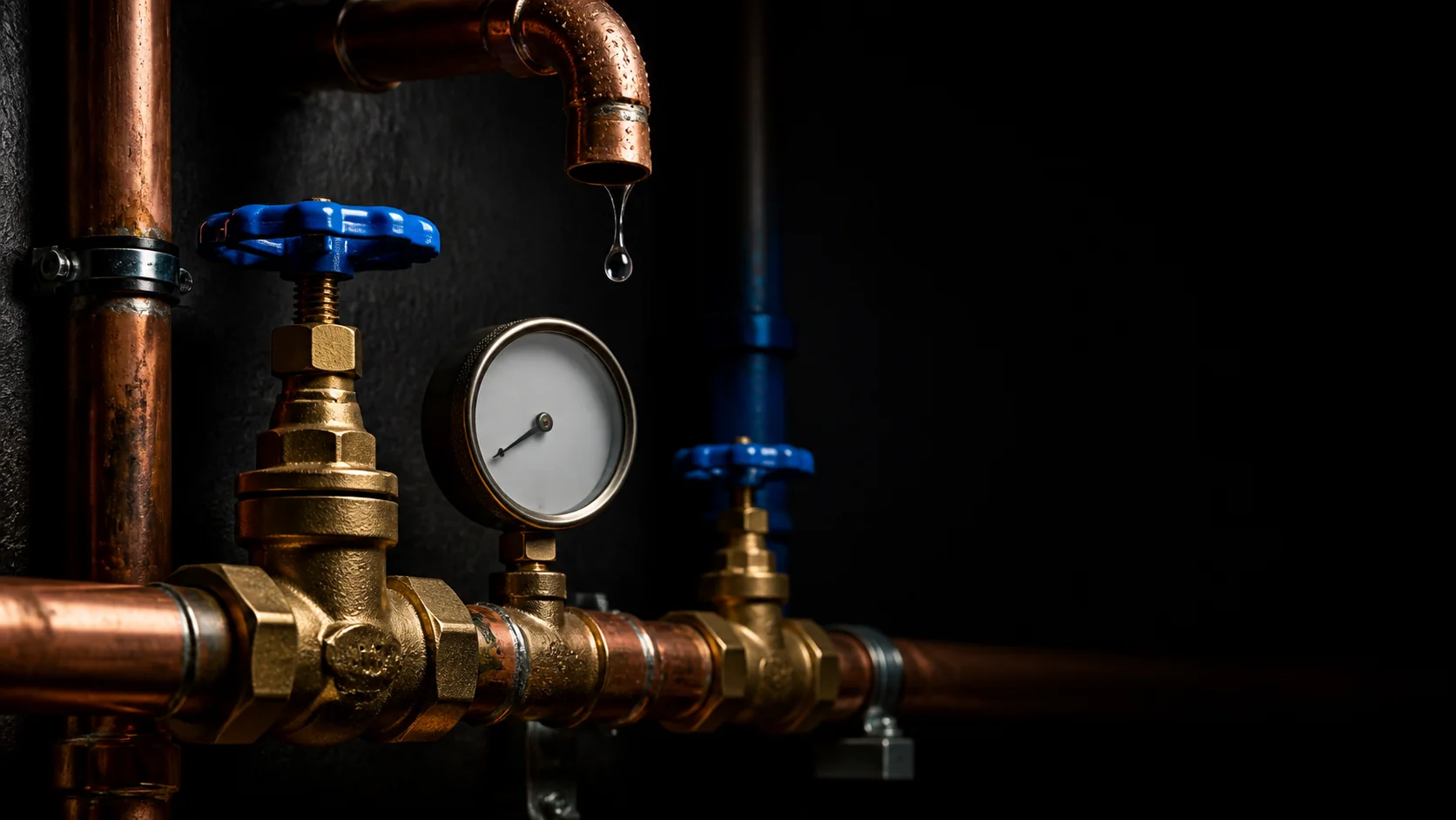 Copper plumbing valves in dramatic service lighting