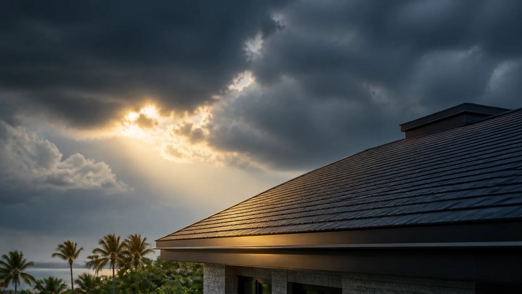 Coastal roofline beneath a clearing storm